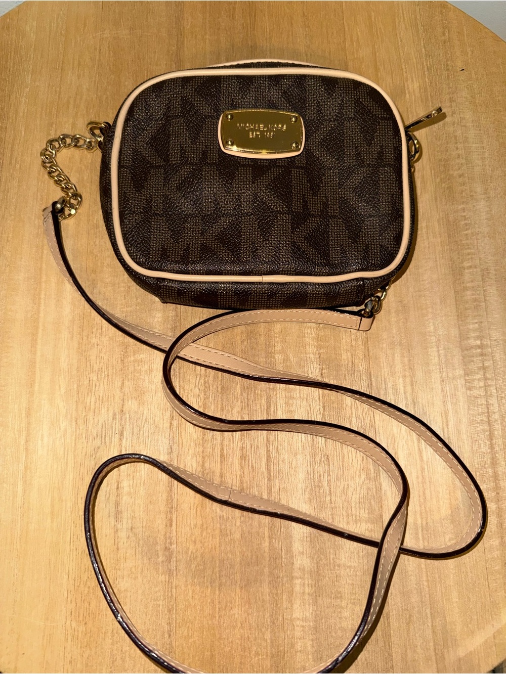 Michael Kors Brown Logo Crossbody with Tan trim